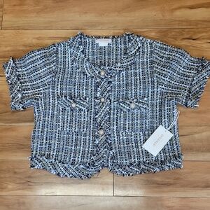 Coco Bleu Size LARGE Chic Women's Tweed Blazer - Navy/White/ Gold Metallic NEW